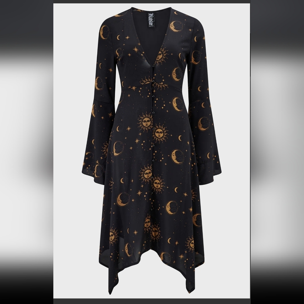 Killstar Black Dress with Gold Celestial Design - Picture 2 of 9